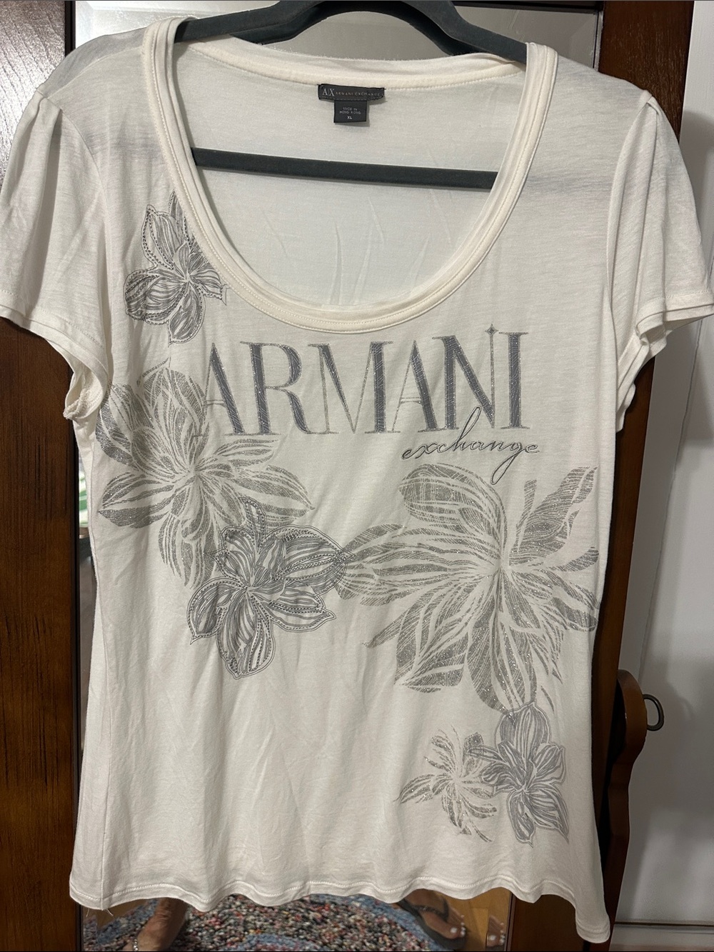 Armani Exchange Cream Short-Sleeve Floral Logo Tee